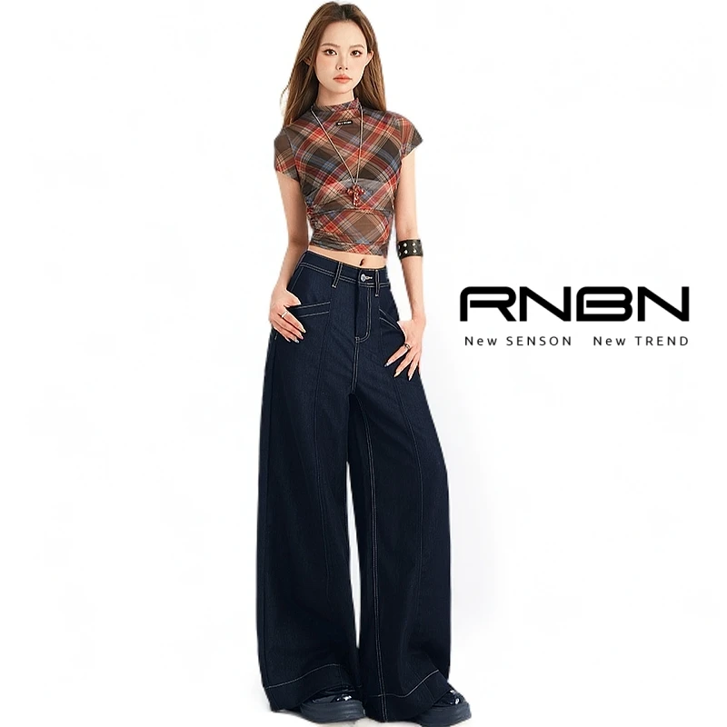 RNBN新款竖纹面料牛仔裤高腰宽松遮肉显高显瘦垂感拖地百搭阔腿裤