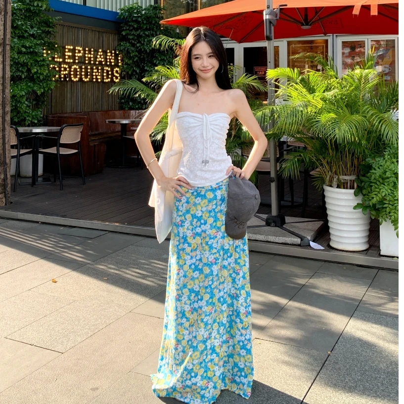 挂脖抽绳抹胸上衣长款绑带碎花半身裙两件套百搭时尚高腰炸街