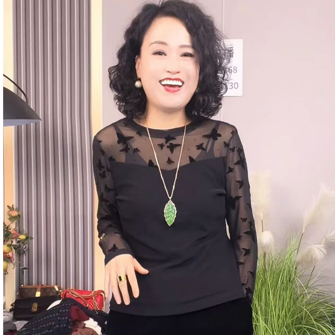 美红家   圆领网纱显瘦长袖百搭小衫