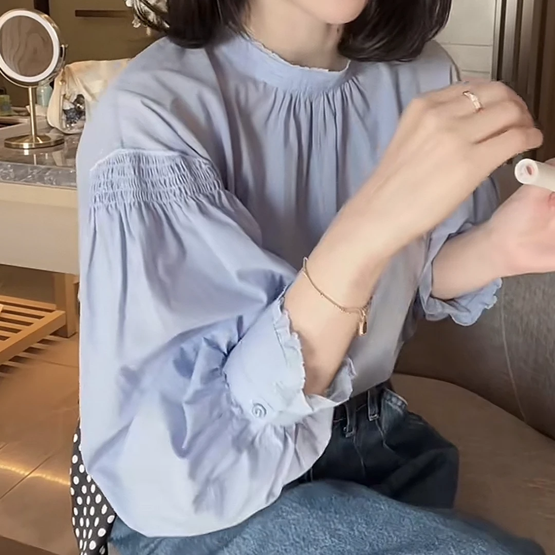 法式压褶木耳边灯笼袖衬衫2025新款春季气质港味时尚设计感衬衫