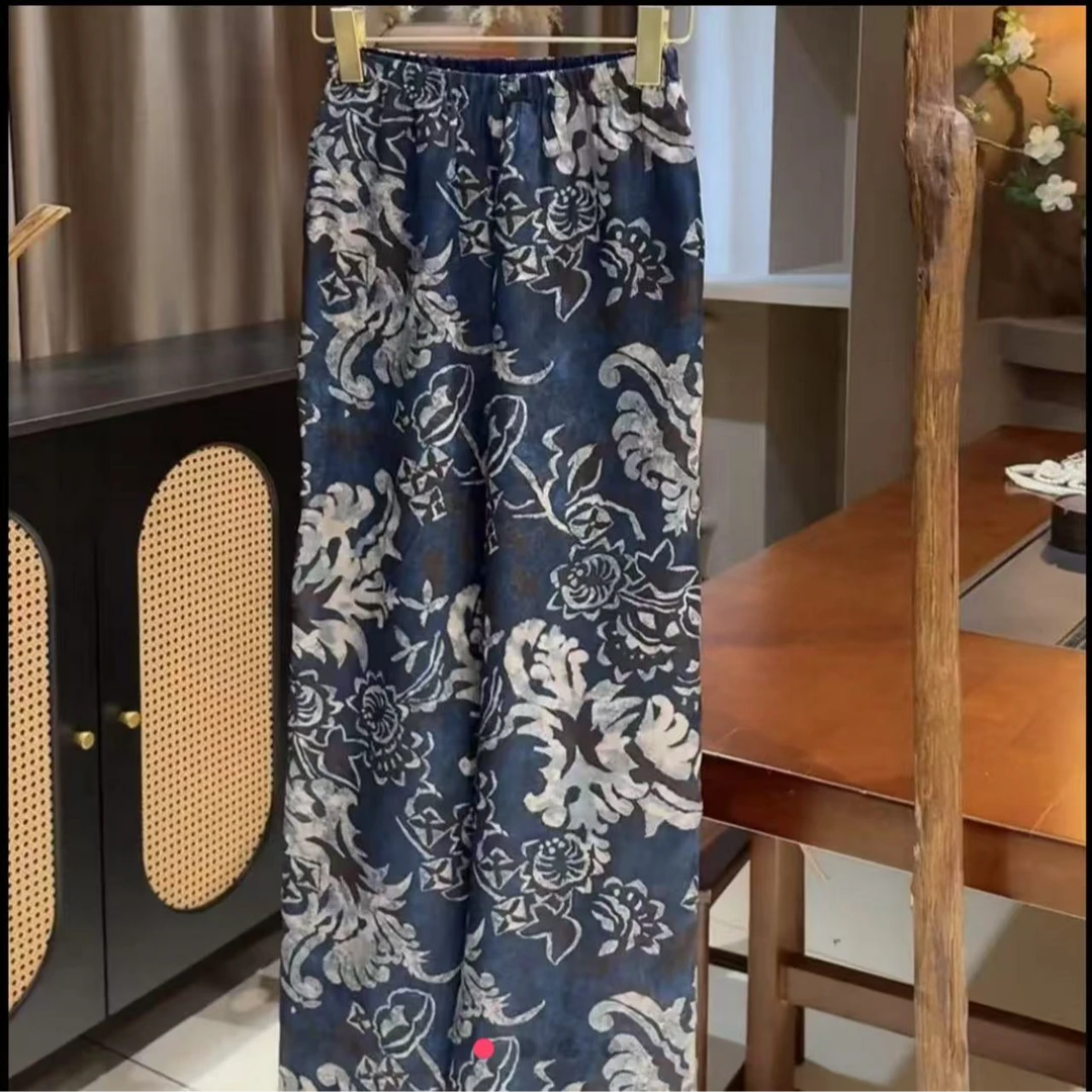 QNH-人丝香云纱青花瓷百搭阔腿裤