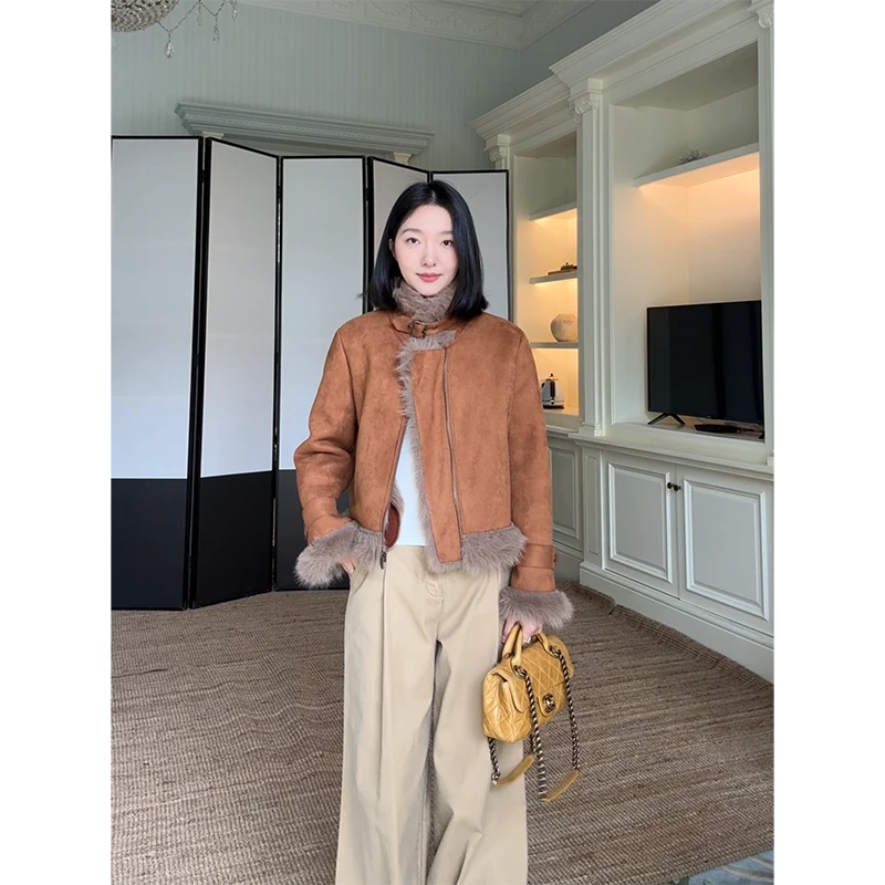 郭九九呢 帅气复古立领宽松毛毛麂皮绒外套直筒阔腿裤 G924T18128