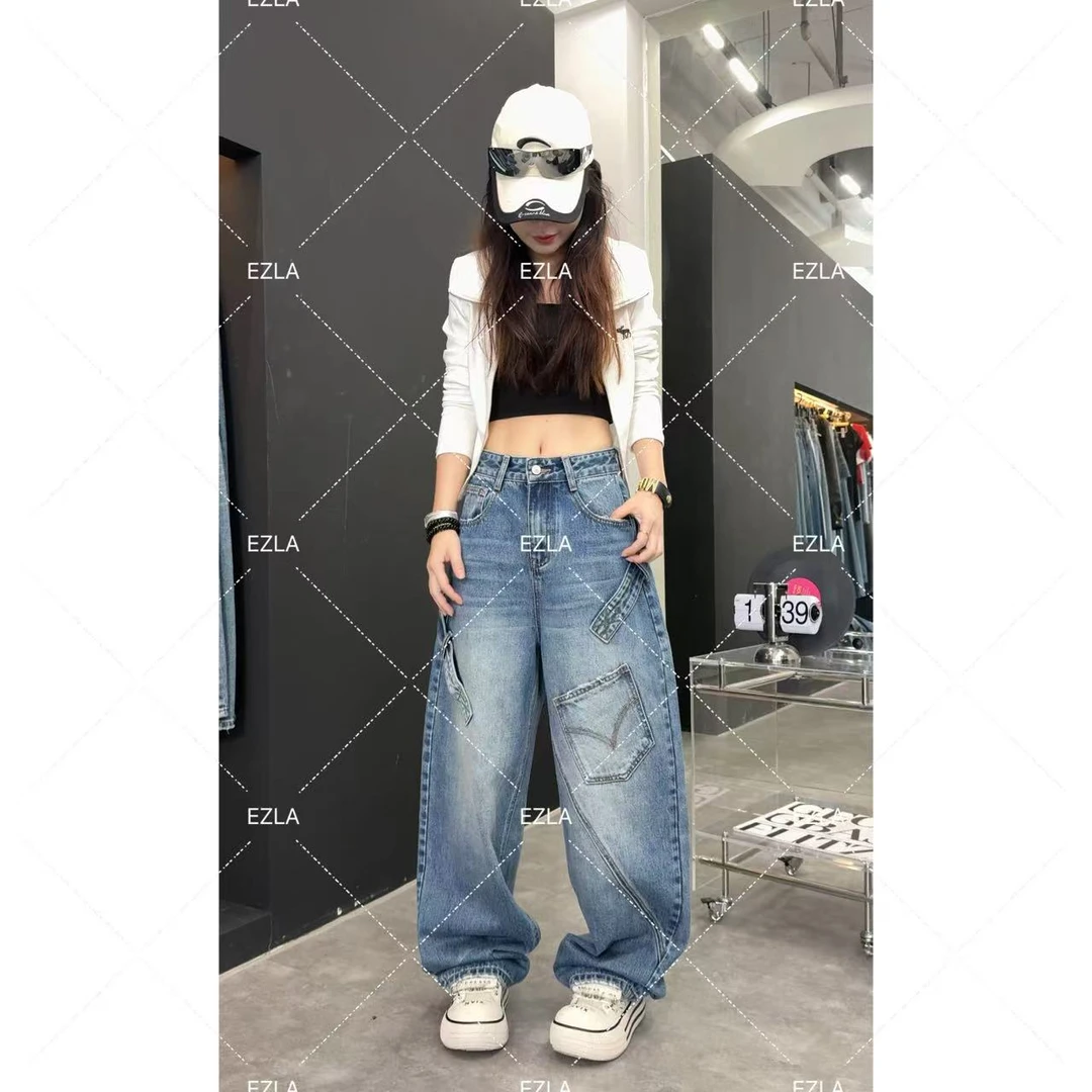 EZ8652-【早秋新款】美式复古设计百搭显瘦无弹水洗美式老爹堆堆裤
