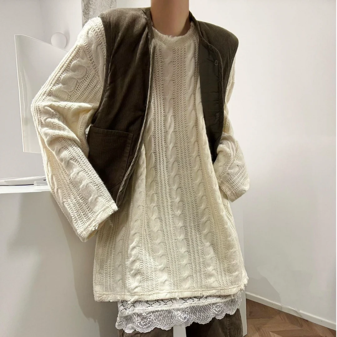 慵懒日系内搭蕾丝吊带裙女春季叠穿马甲中长款毛衣工装阔腿裤套装