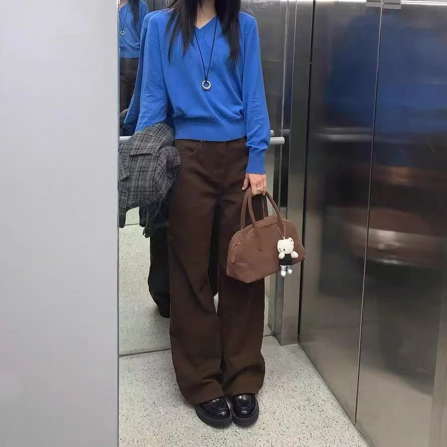 美式复古咖啡色高腰垂感牛仔裤女直筒宽松显瘦小个子阔腿长裤