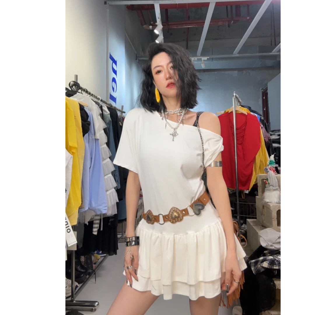 奇奇家 粉丝福利设计师款 露肩显瘦修身中长款大版T恤上衣