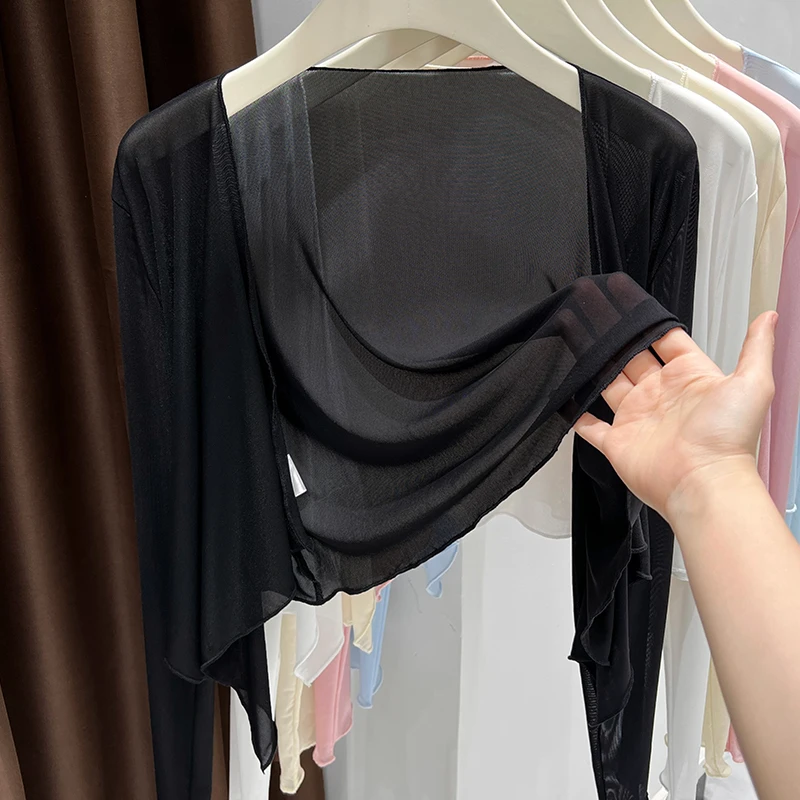 高级感黑色显瘦冰丝长袖防晒开衫女夏季薄纱小外搭披肩空调衫上衣