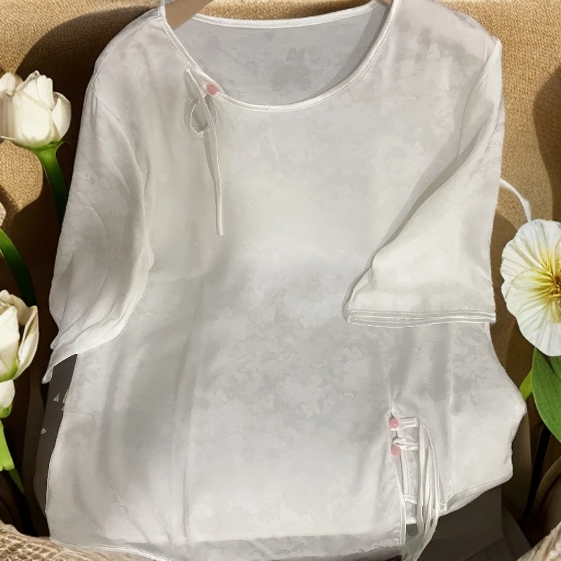 【人丝五分袖】中式圆领百搭流苏短袖上衣透气时尚打底小衫女