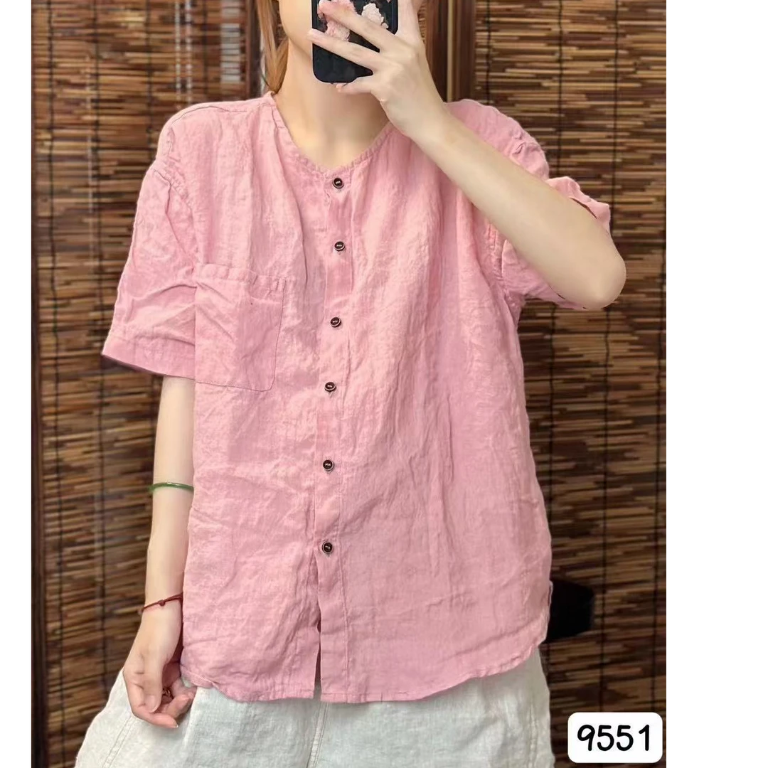 9551 夏季纯亚麻短袖开衫（衣长63）文艺休闲衬衫显瘦时尚复古女装
