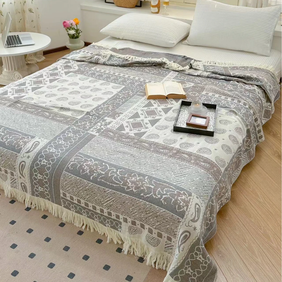 【腰果花】外贸流苏纱布艺术毯沙发巾床盖多功能毯