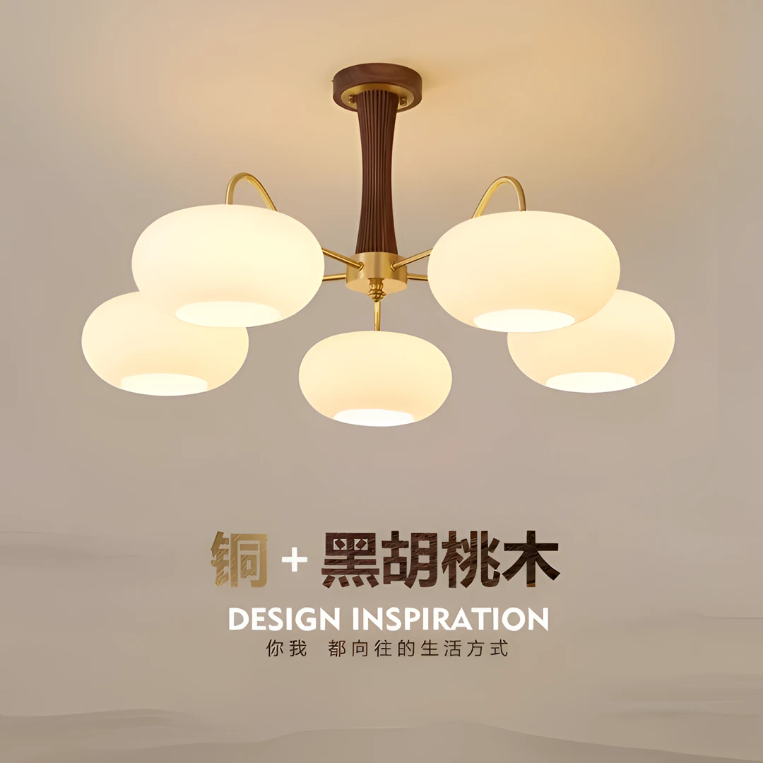 创意中式中古黄铜胡桃木客厅主灯复古个性民宿全铜卧室餐厅柿子灯
