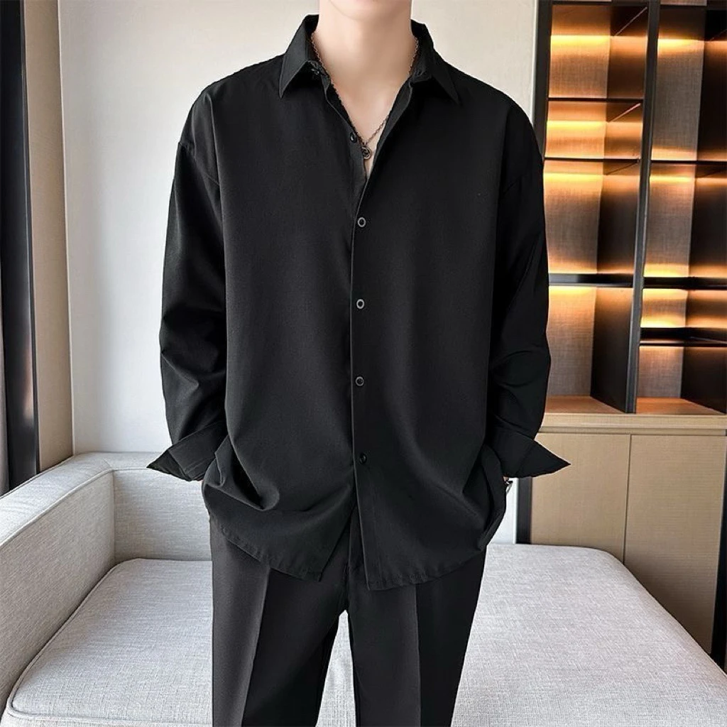 垂感宽松黑色衬衫男士长袖短袖夏季高级感男士休闲痞帅白色衬衫衣