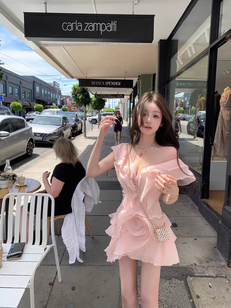 法式气质荷叶边粉色V领连衣裙女夏季新款甜美风减龄修身显瘦短裙