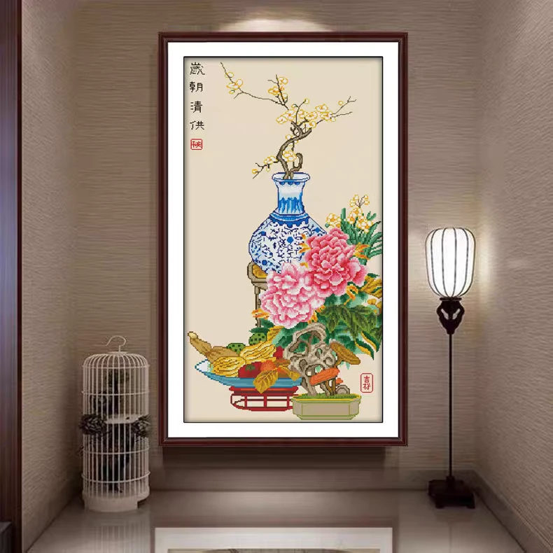 纯手工十字绣成品竖版玄关画岁朝清供143*78公分