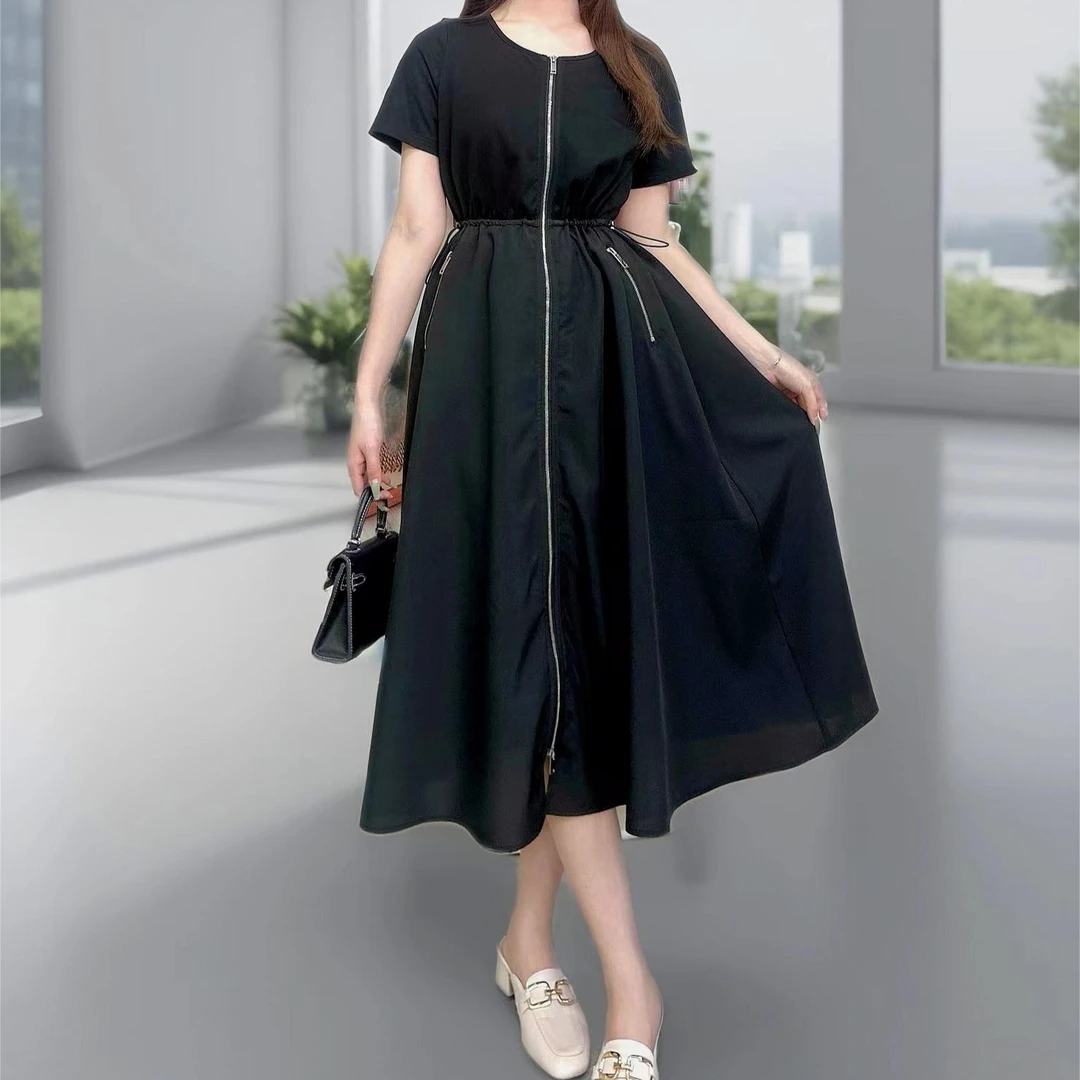 A  10052；显瘦V领夏季拉链A字连衣裙