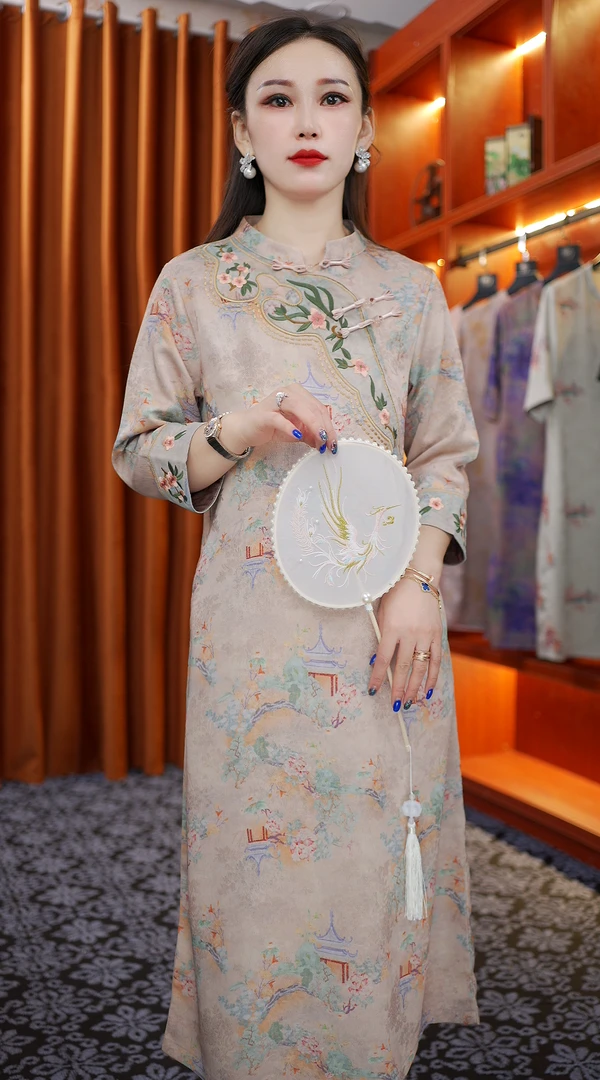 【亭台阁楼】新中式新款提花花罗复古宽松连衣裙8825