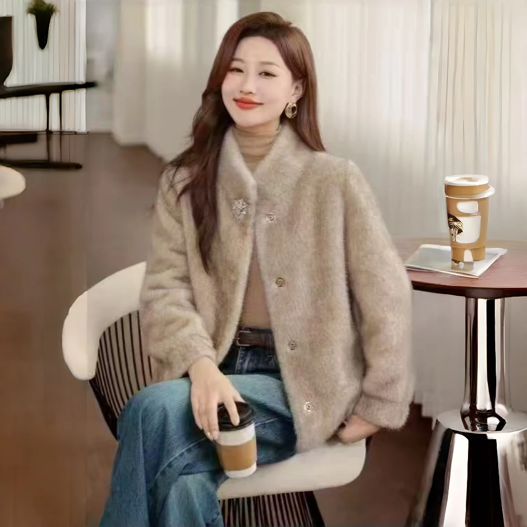 短款百搭立领秋冬季短外套发皮毛一体上衣女士时尚韩版妈妈装气质