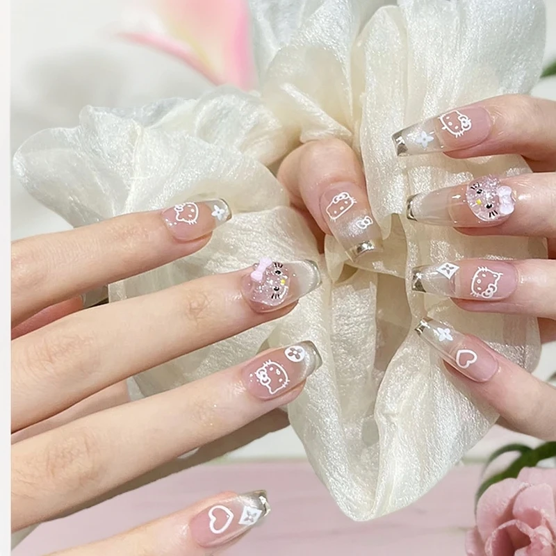 甜酷风法式猫眼美甲手工穿戴甲高级可爱kitty款式