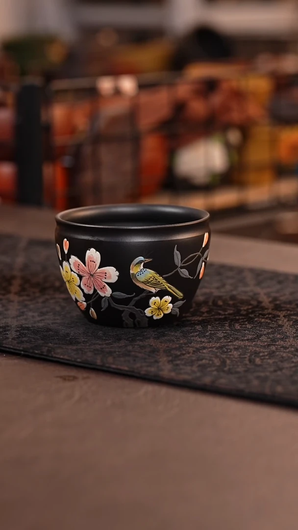 茶壶紫砂大红袍捂灰花鸟杯