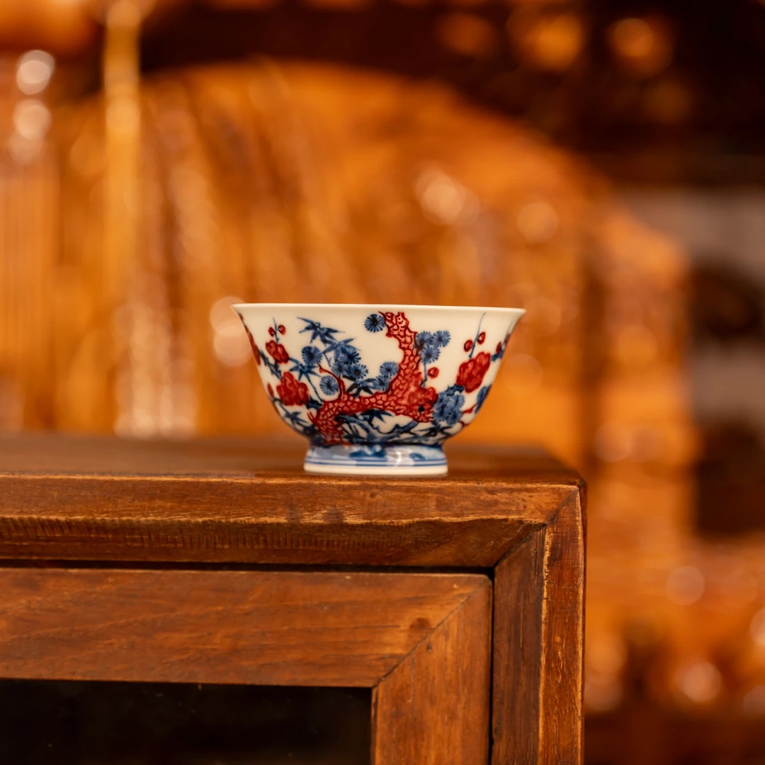 【永明尚玩】松竹梅撇口主人杯纯手工釉下青花瓷景德镇陶瓷