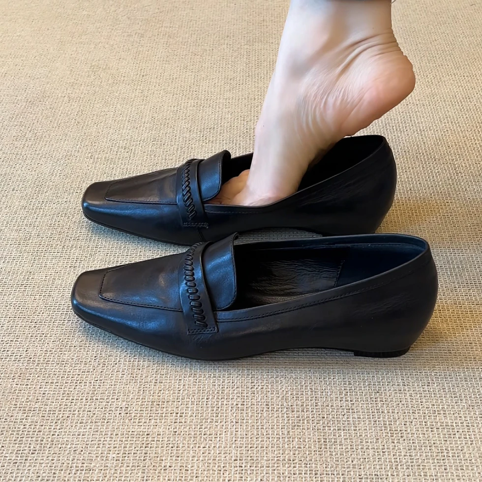 RubyL/3.5cm通勤百搭复古舒适擦色方头中口一脚蹬内增高单鞋女款
