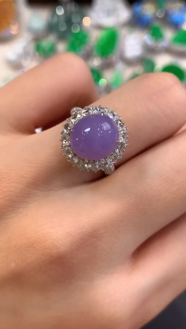 18K金镶嵌戒指翡翠q102紫货有色差