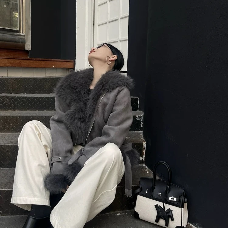 48H【本命机车】仿托斯卡纳长毛机车服毛毛环保草外套Au274