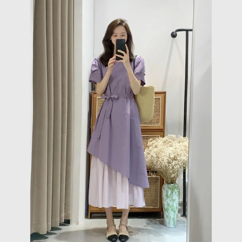 夏日绝美小裙子独特漂亮气质高级感收腰显瘦大码紫色假两件连衣裙