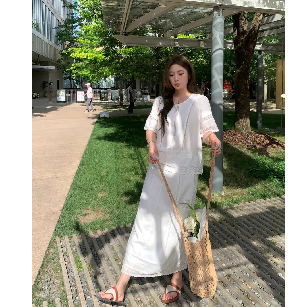 【现货秒发-NAZ微胖大码定制】亚麻蕾丝拼接重工气质上衣+半裙