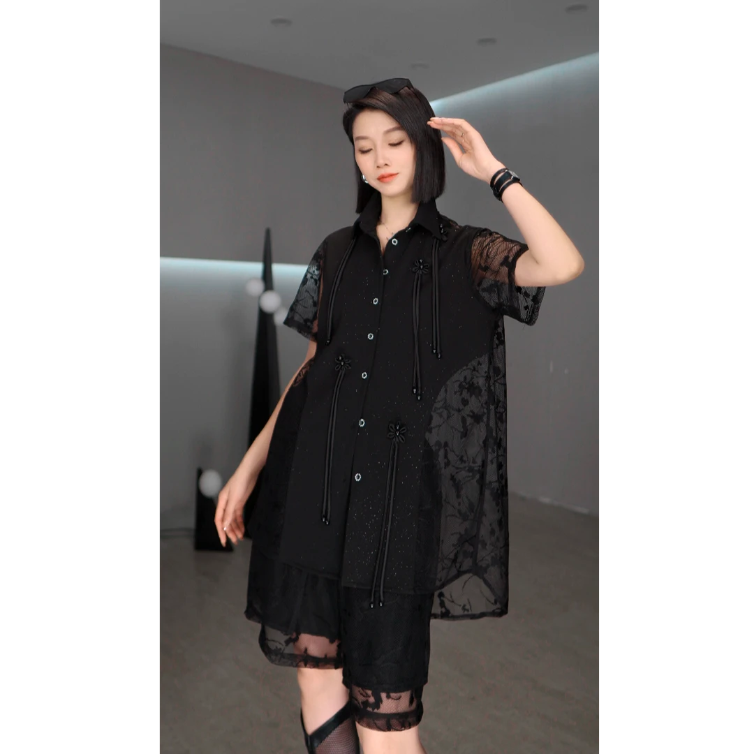 鑫鑫原创2025夏季新款套装拼接提花衬衫+高腰短裤两件套4031