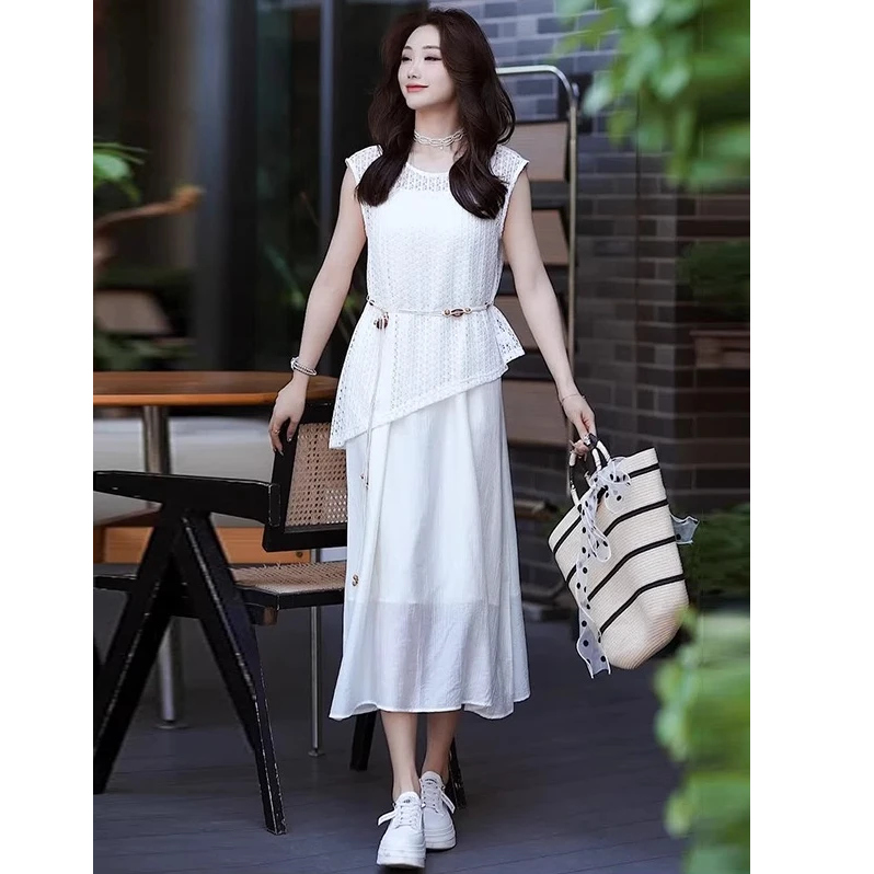 中长款收腰显瘦罩衫吊带连衣裙两件套女夏季新款减龄洋气质套装裙