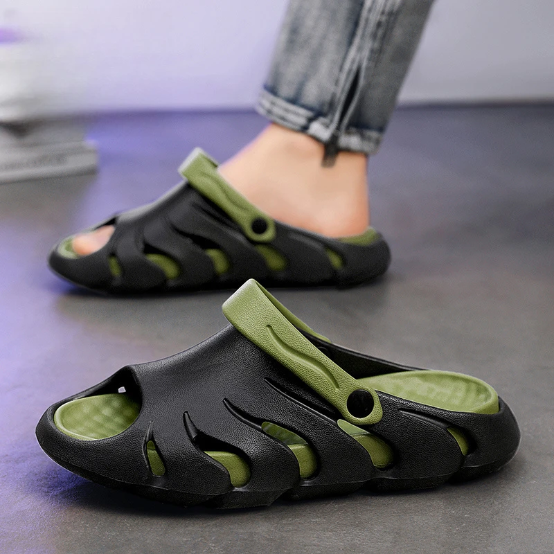 复问男鞋男士夏季软底厚底沙滩透气镂空时尚休闲潮流半拖外穿耐磨