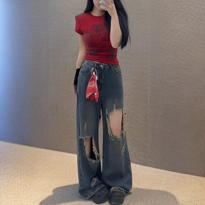 美式高街破洞直筒牛仔裤女2025新款夏季高腰垂感宽松显瘦阔腿裤子