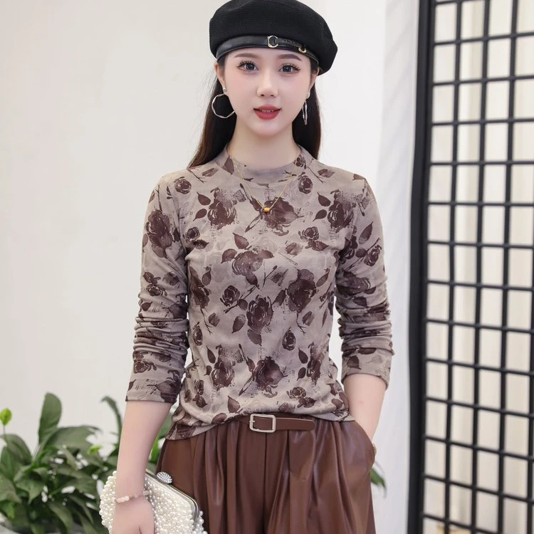 女士印花时尚小衫百搭半高领T恤中老年女装打底衫春秋时尚修身