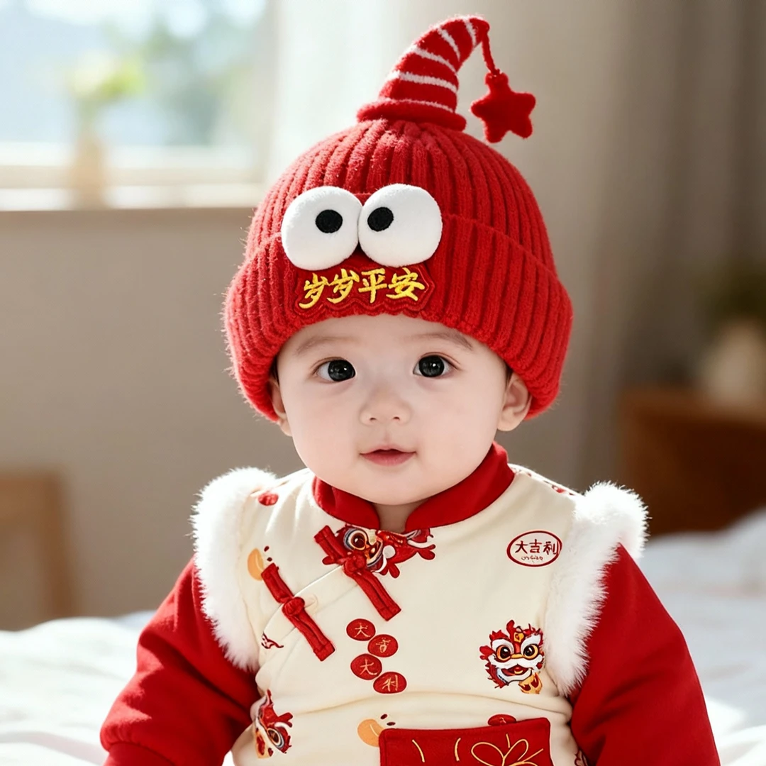 宝宝红色喜庆帽子秋冬季保暖加厚针织毛线帽男婴女儿童新年套头帽