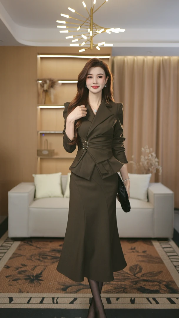 罗曼湾湾 高定原创气质高级时尚收腰咖色西装上衣女+鱼尾裙套装
