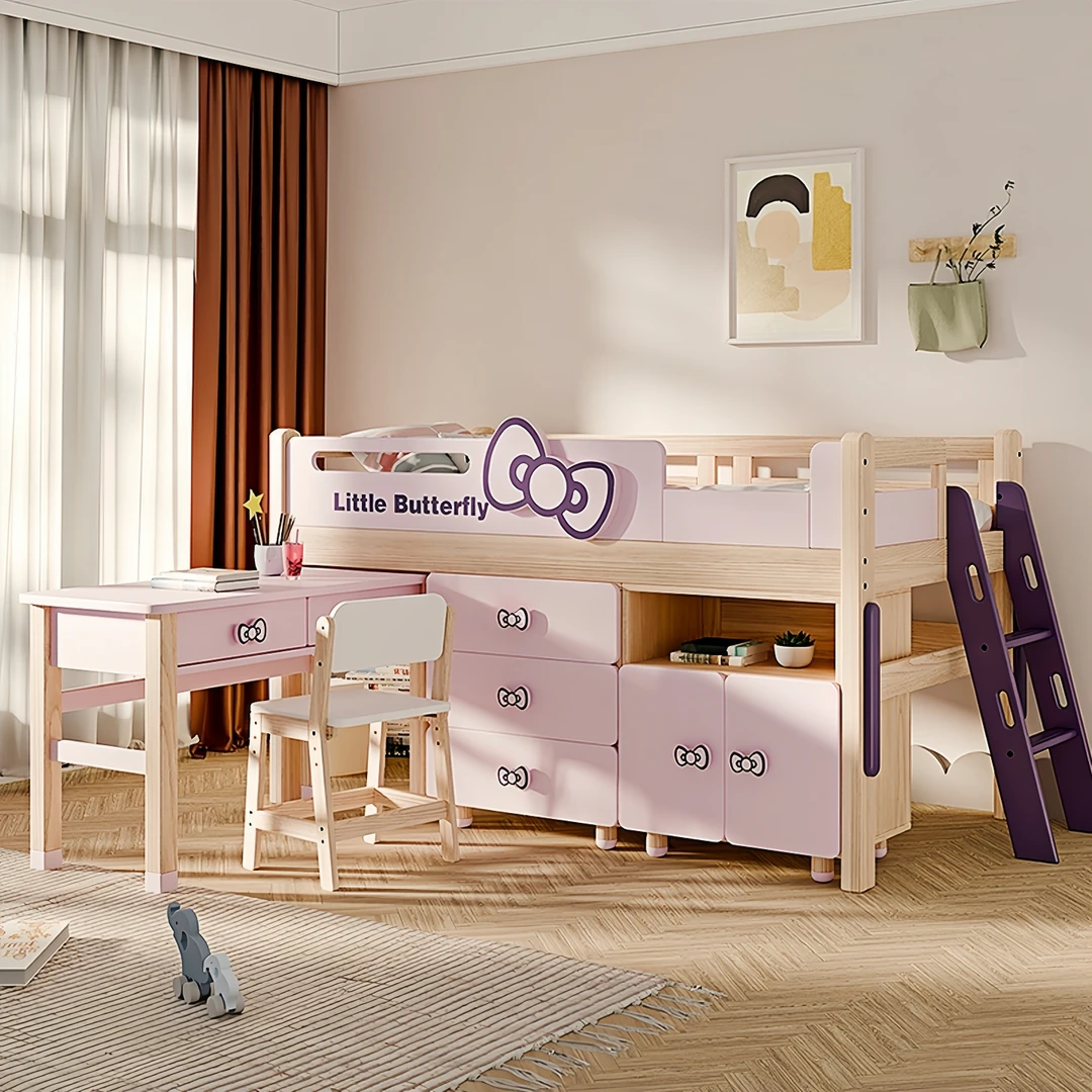 七叶木全实木【小蝴蝶】中高床多功能储物小户型家用男女孩儿童床