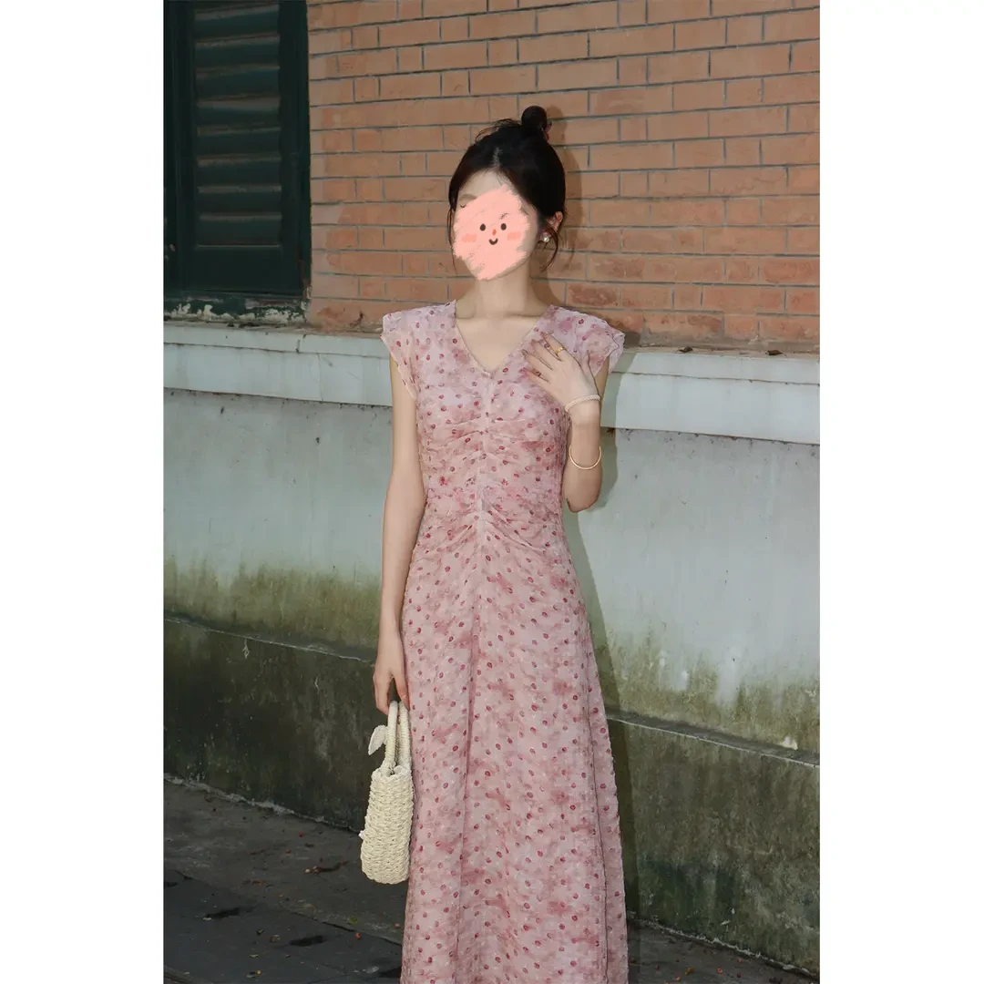 【温柔芭蕾】小个子夏季法式V领波点雪纺袖显瘦连衣裙子女装新款潮
