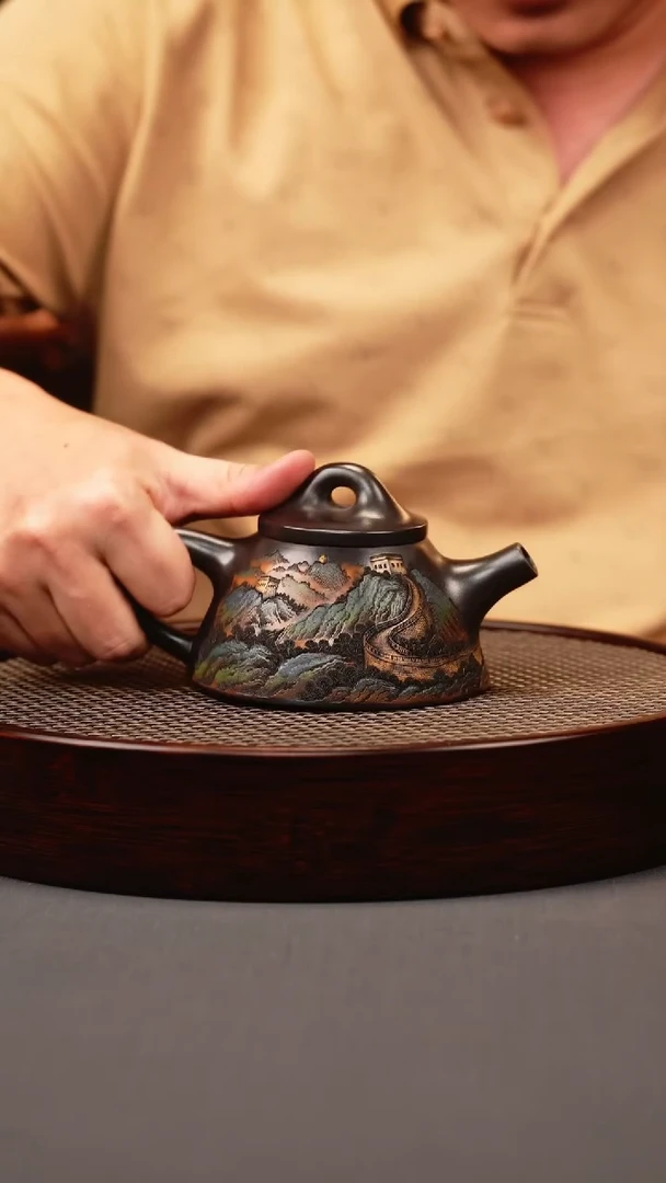 茶壶紫砂石黄 霸王石瓢 彩刻长城