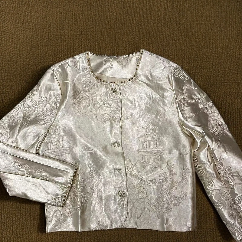 春季夏季刺绣长袖秋季提花短外套百搭镂空气质蕾丝开衫白色