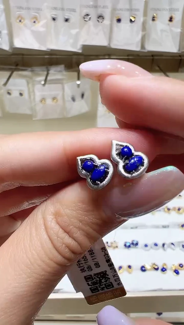 银S925镀金镶嵌青金石耳饰@@