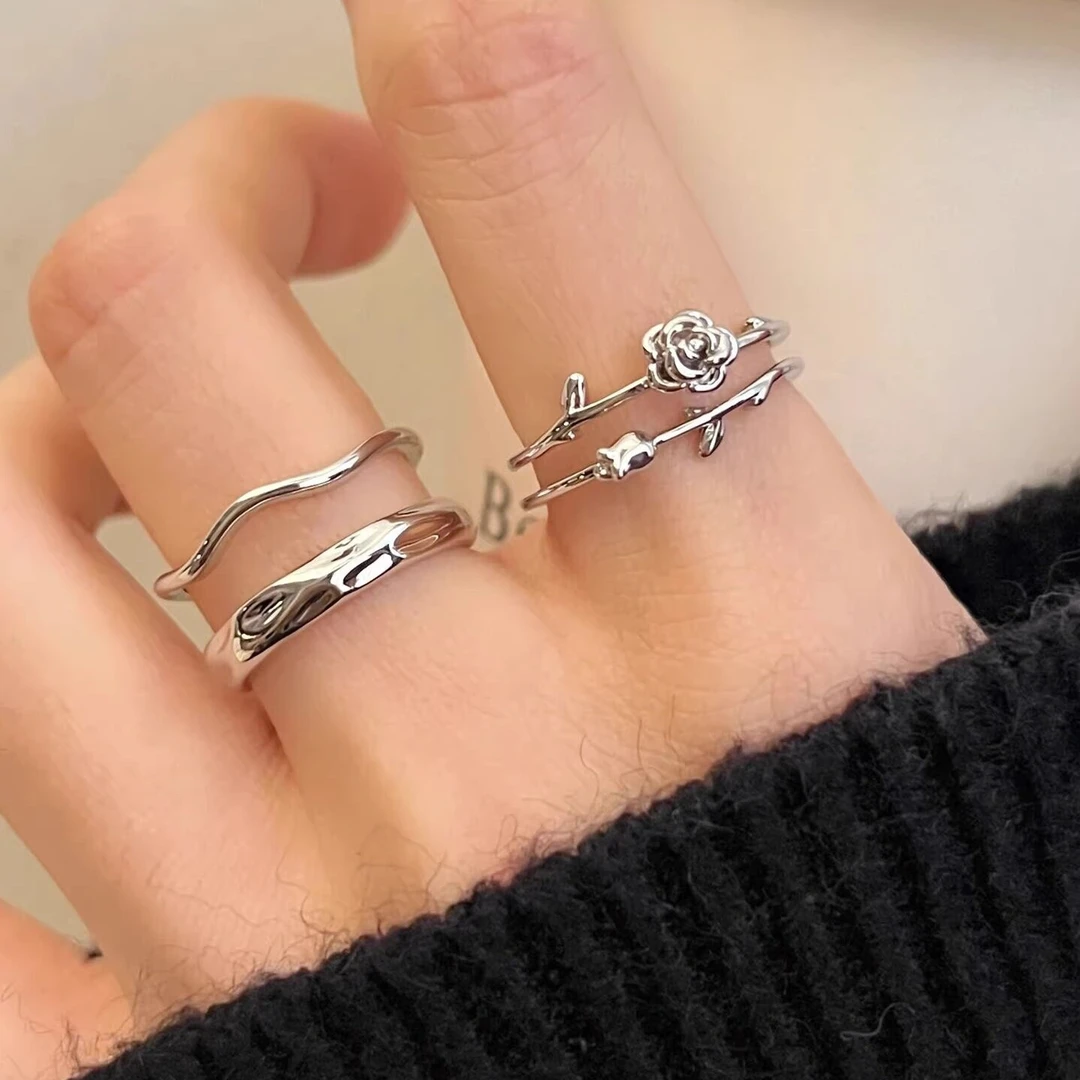 双层玫瑰戒指女小众简约镂空食指戒时尚冷淡风荆棘开口可调节指环