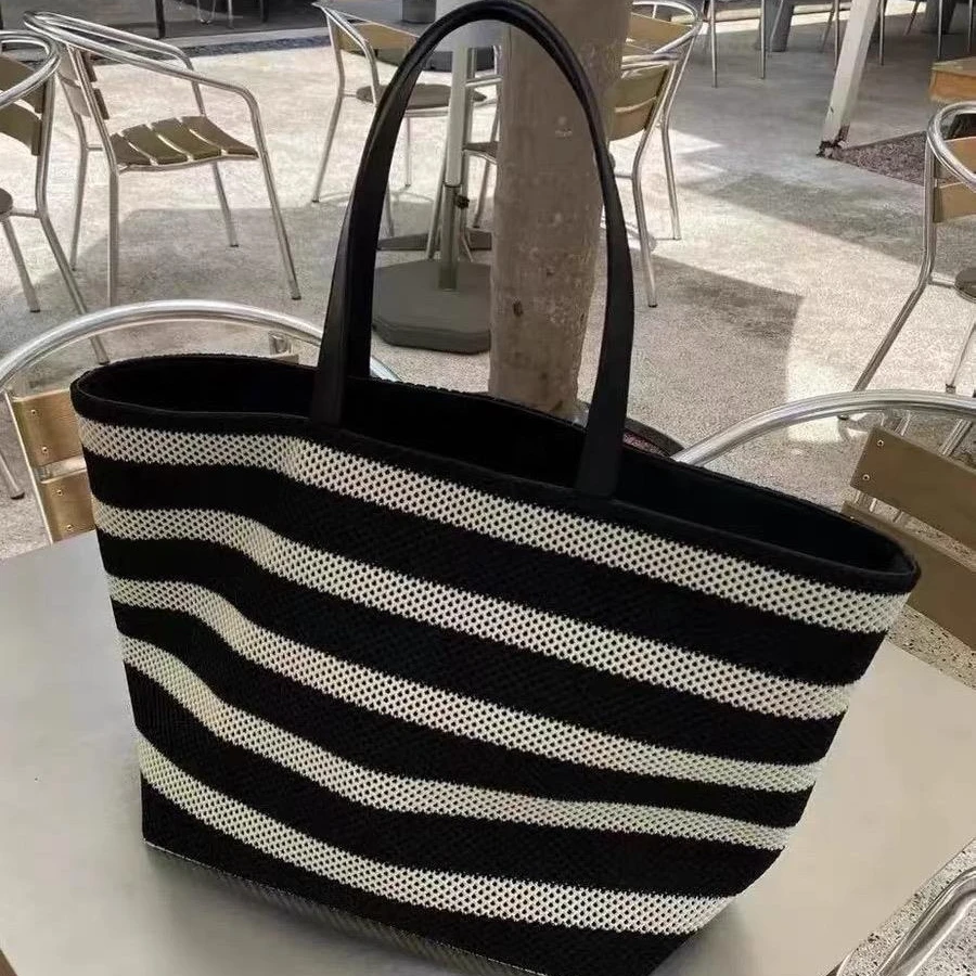 2025新款黑白条纹托特包编织大容量单肩女包懒惰风度假包购物袋