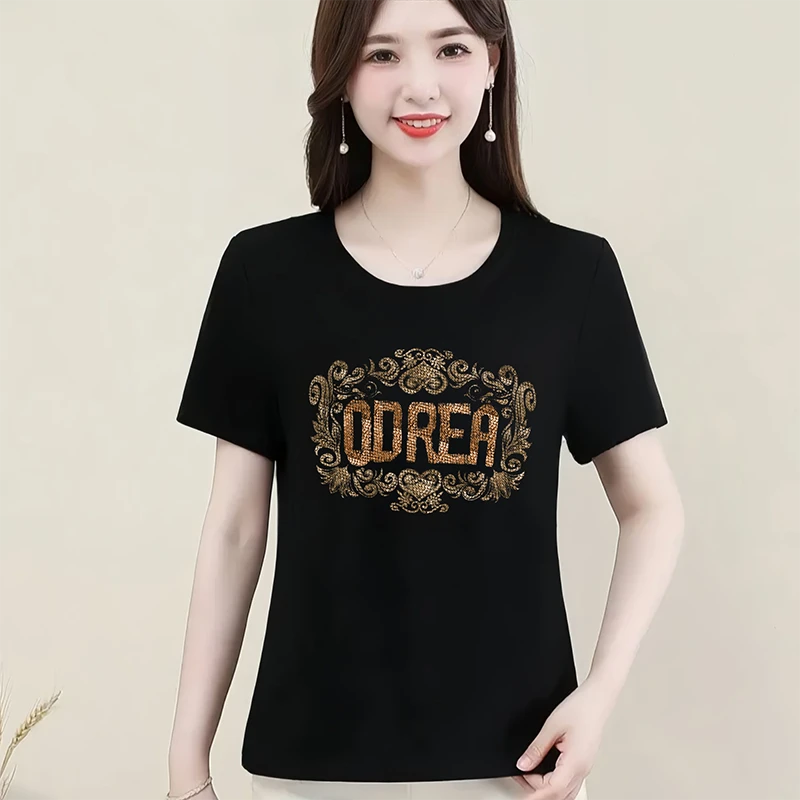 夏季新款2025半袖t恤女修身显瘦妈妈装短袖圆领烫钻时尚高级感