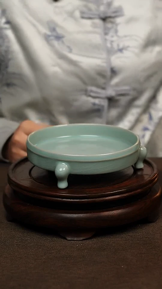 瓷片仿古天青全手三足洗壶承 微瑕 不带礼盒