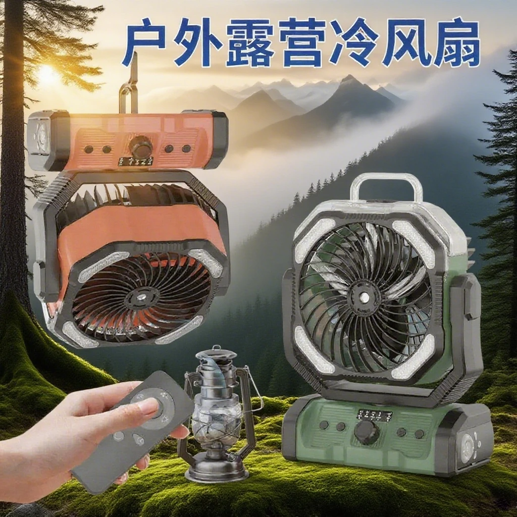 户外露营风扇新款充电大风力喷雾长续航降温神器钓鱼照明小帐篷灯