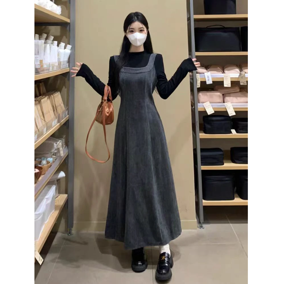 法式复古背带连衣裙套装女秋冬长袖打底衫 A字长裙显瘦两件套