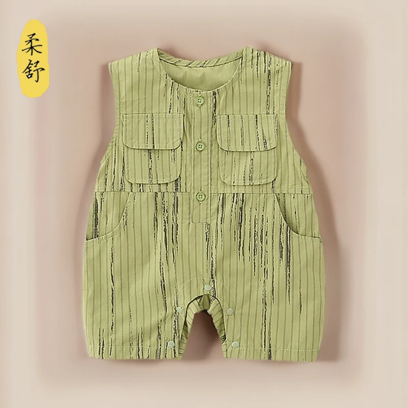 夏装哈衣婴儿连体衣卡通男宝宝夏季薄款无袖哈衣新生儿外出爬服