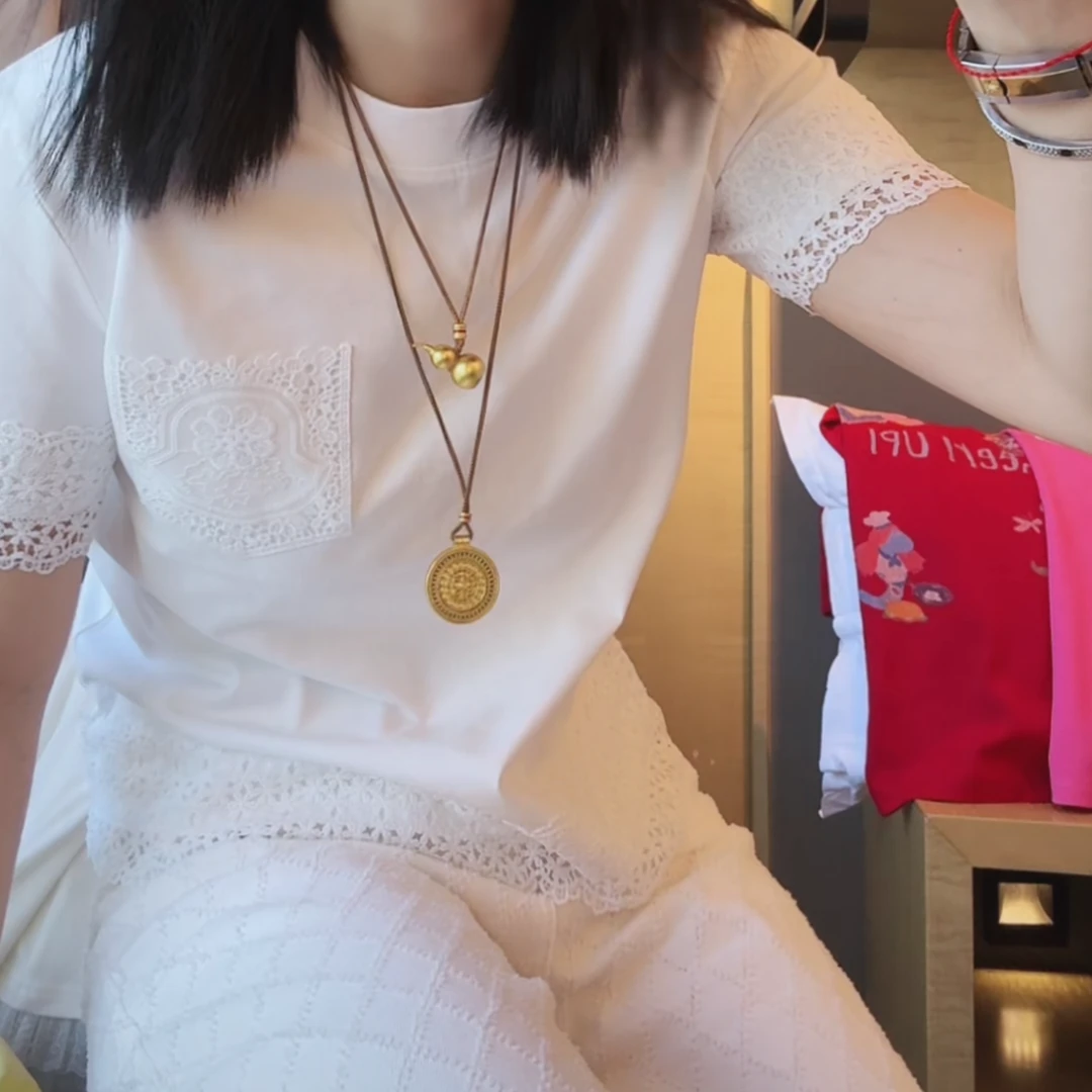 蕾丝拼接上衣女2025春夏新款时尚气质休闲胸口口袋短袖T恤