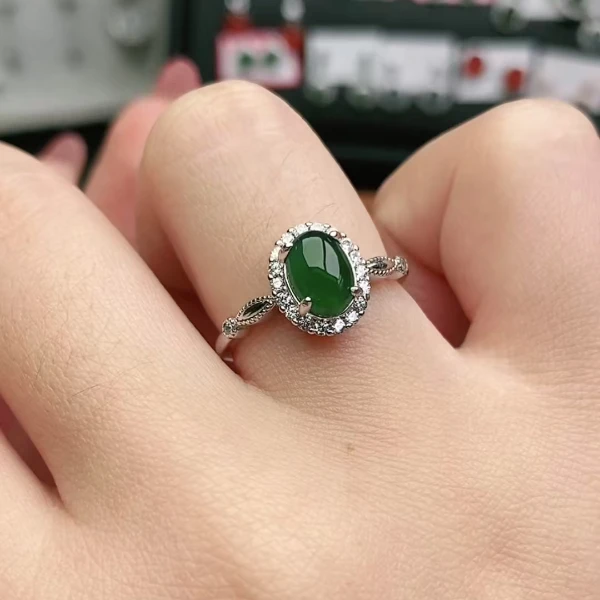 鑫辰珠宝天然A货翡翠银镶嵌设计款开口女戒指时尚百搭